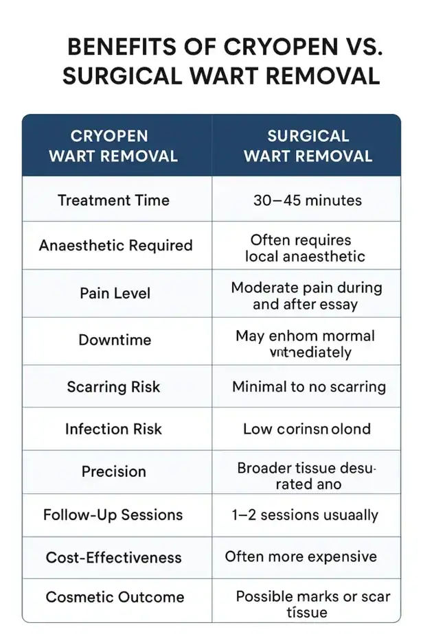 Table showing the benefits of cryopen to remove warts Cannock compared to surgical treatment